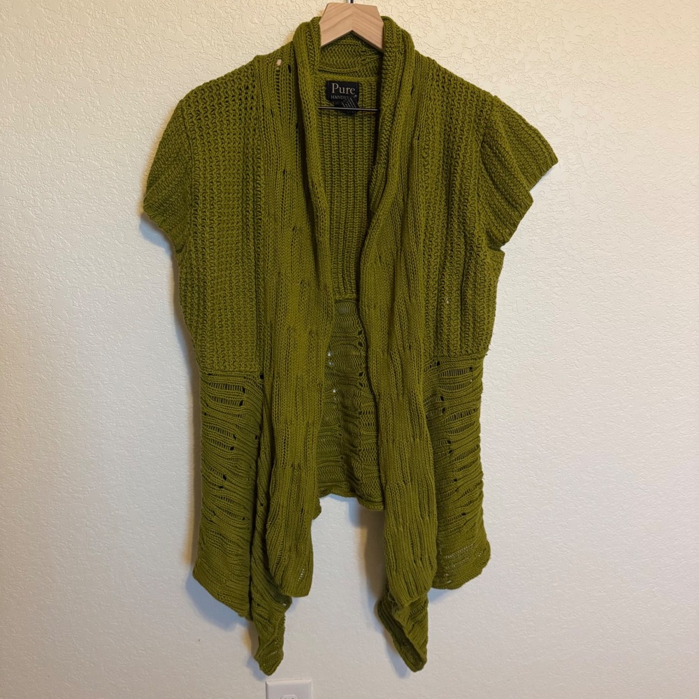 Cottagecore Boho Pure Handknit Open Front Cardigan M/L Green